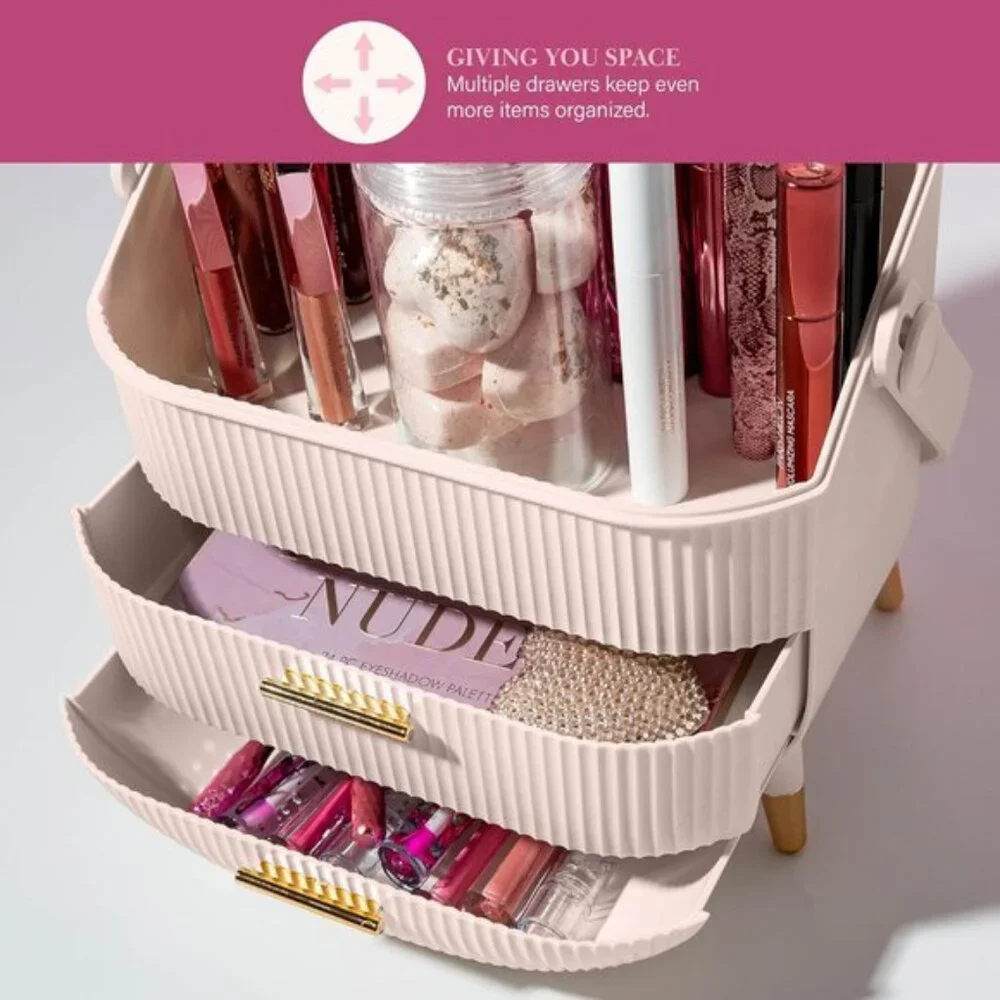 New Pink Makeup Storage Organizer, Standard Size Cosmetic Box with Dustproof Lid